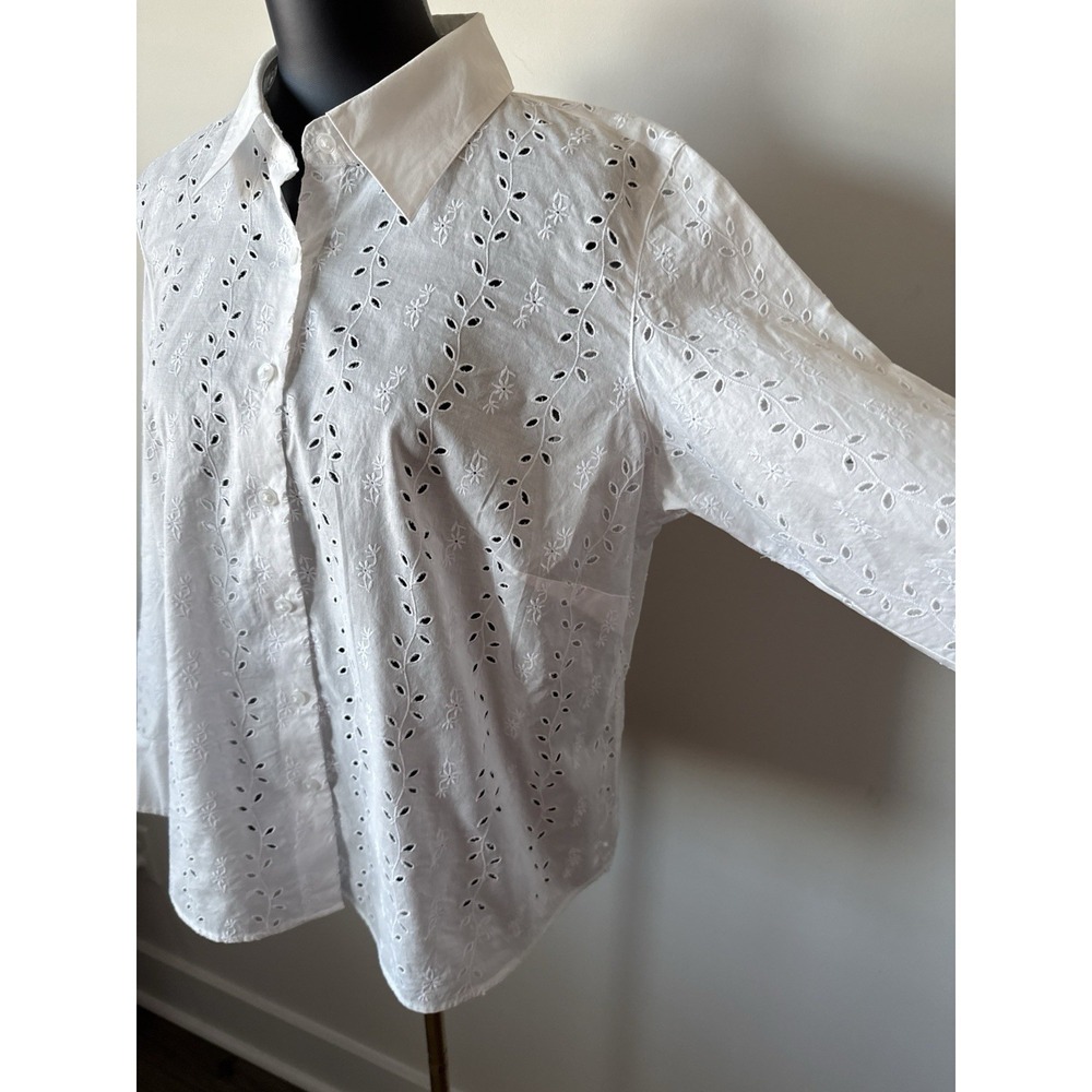 Talbots Woman Petites 16W White Embroidered Eyelet Button Down Blouse Plus - Picture 7 of 16